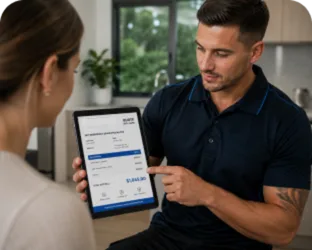 Plumber showing a Ambarvale customer the quote on a tablet