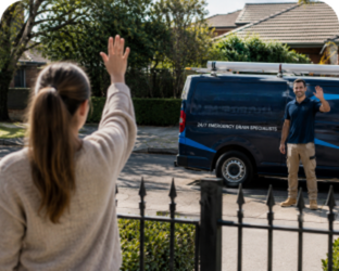 Customer waving goodbye to a Ambarvale Blocked Drains plumber